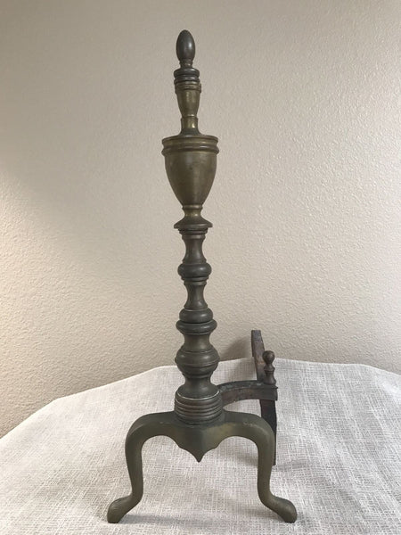 PAIR ANTIQUE SHEFFIELD BRASS EMPIRE FEDERAL STYLE FIREPLACE ANDIRONS C. 1900 - arustocracy