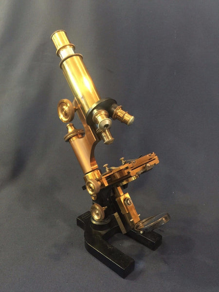 ROSS LONDON 8602 COMPOUND MICROSCOPE MAHOGANY CASE COPPER & BRASS FINISH C. 1900 - arustocracy