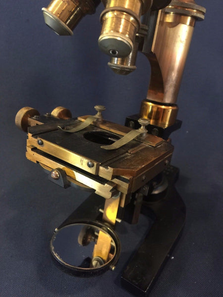ROSS LONDON 8602 COMPOUND MICROSCOPE MAHOGANY CASE COPPER & BRASS FINISH C. 1900 - arustocracy