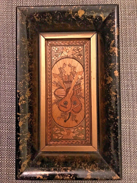 FINE ANTIQUE INLAID WOOD MINIATURE MARQUETRY PICTURE MUSICAL INSTRUMENTS - arustocracy