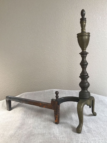 PAIR ANTIQUE SHEFFIELD BRASS EMPIRE FEDERAL STYLE FIREPLACE ANDIRONS C. 1900 - arustocracy