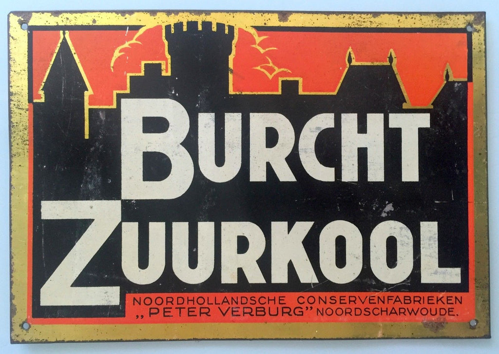 WWII ERA LATE 1930S TIN LITHOGRAPHED DUTCH METAL SIGN BURCHT ZUURKOOL SAUERKRAUT - arustocracy