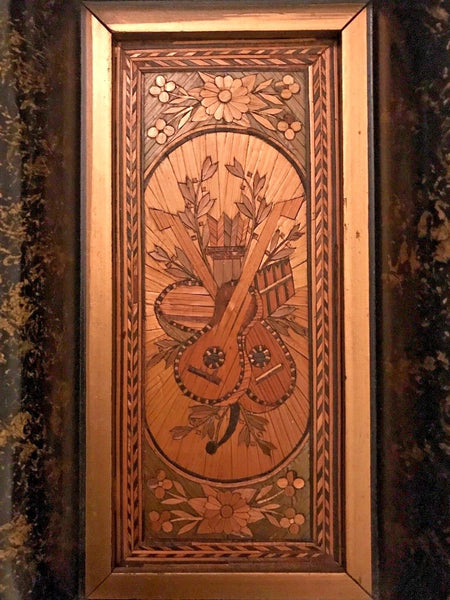 FINE ANTIQUE INLAID WOOD MINIATURE MARQUETRY PICTURE MUSICAL INSTRUMENTS - arustocracy