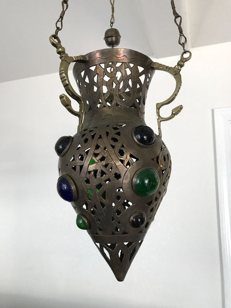 Vintage Moroccan Brass Hanging Pendant Lamp Perforated Metalwork - arustocracy