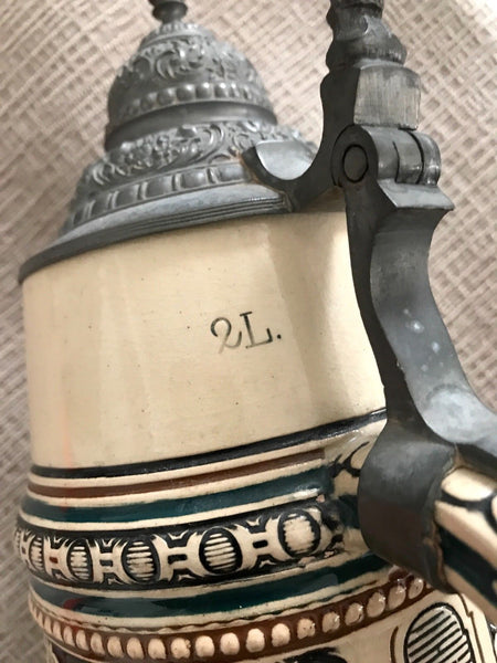 ANTIQUE 2L GERMAN BEER STEIN 1282 J C.1880S HB HOFBRAUHAUS - arustocracy