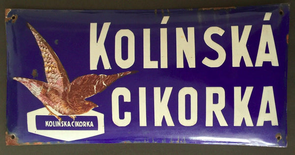 WWII ERA CZECH KOLINSKA CIKORKA COFFEE ENAMEL METAL SIGN C. 1939 - arustocracy