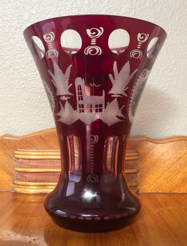 LARGE BOHEMIAN CZECH RED CUT TO CLEAR PEDESTAL VASE - arustocracy