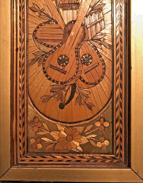 FINE ANTIQUE INLAID WOOD MINIATURE MARQUETRY PICTURE MUSICAL INSTRUMENTS - arustocracy