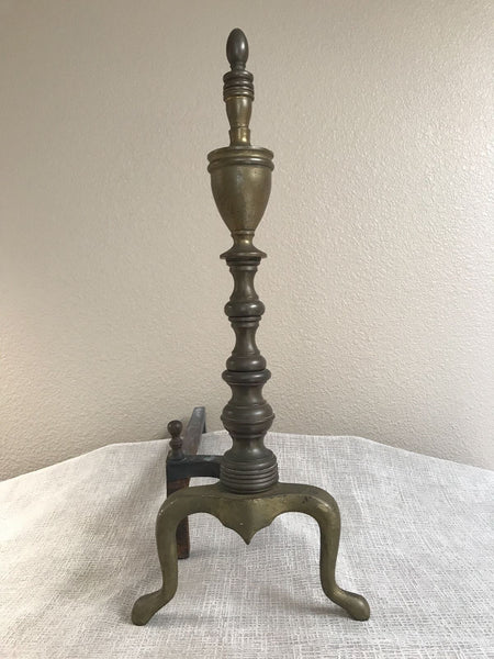 PAIR ANTIQUE SHEFFIELD BRASS EMPIRE FEDERAL STYLE FIREPLACE ANDIRONS C. 1900 - arustocracy