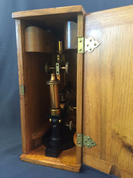 ROSS LONDON 8602 COMPOUND MICROSCOPE MAHOGANY CASE COPPER & BRASS FINISH C. 1900 - arustocracy