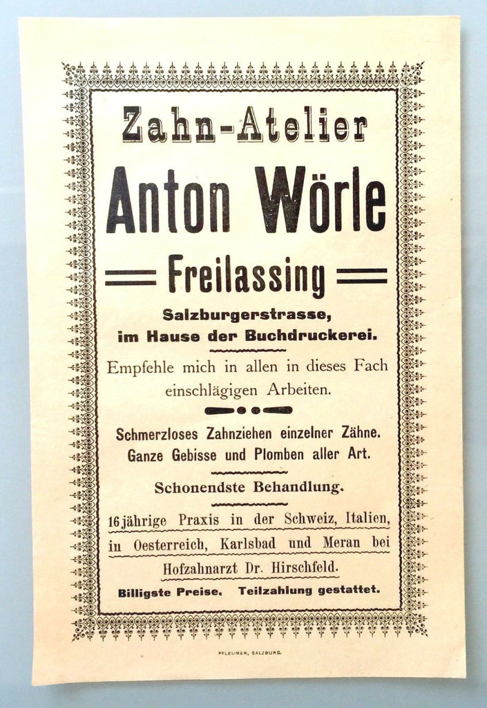 C. 1890 FLYER SALZBURG AUSTRIA DENTIST PAINLESS EXTRACTION "TOOTH STUDIO" - arustocracy