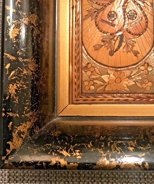 FINE ANTIQUE INLAID WOOD MINIATURE MARQUETRY PICTURE MUSICAL INSTRUMENTS - arustocracy