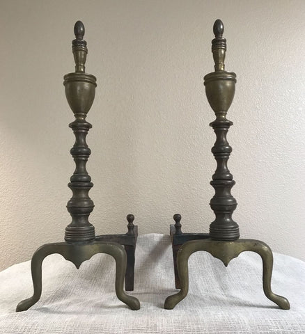 PAIR ANTIQUE SHEFFIELD BRASS EMPIRE FEDERAL STYLE FIREPLACE ANDIRONS C. 1900 - arustocracy