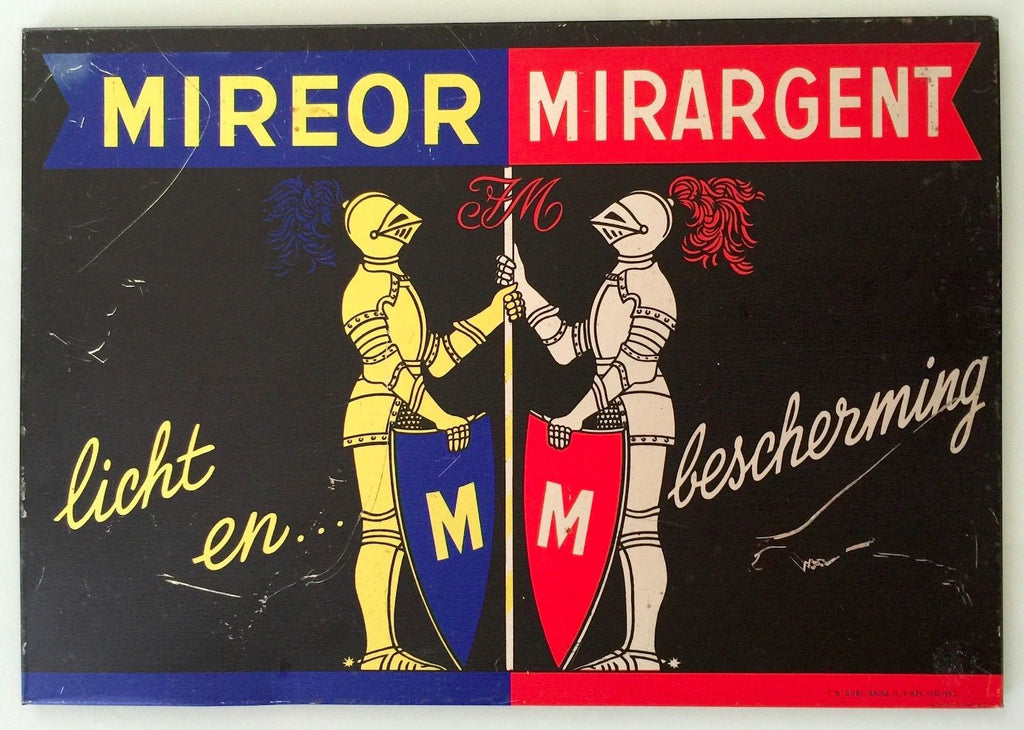 VINTAGE 1950S TIN LITHOGRAPHED METAL SIGN MIREOR MIRARGENT PAINT KNIGHTS ARMOR - arustocracy