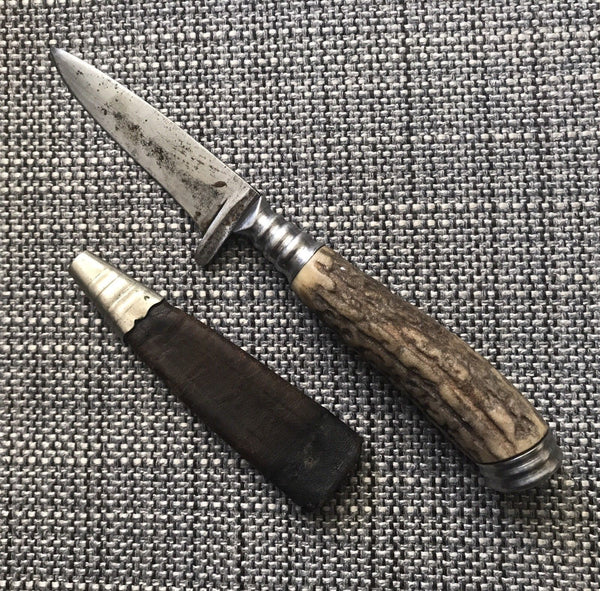 GERMAN WWII BOOT KNIFE DAGGER STAG HANDLE SCABBARD POMMEL MONOGRAMMED "EB" - arustocracy