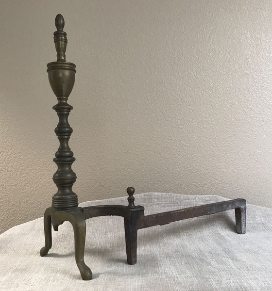 PAIR ANTIQUE SHEFFIELD BRASS EMPIRE FEDERAL STYLE FIREPLACE ANDIRONS C. 1900 - arustocracy