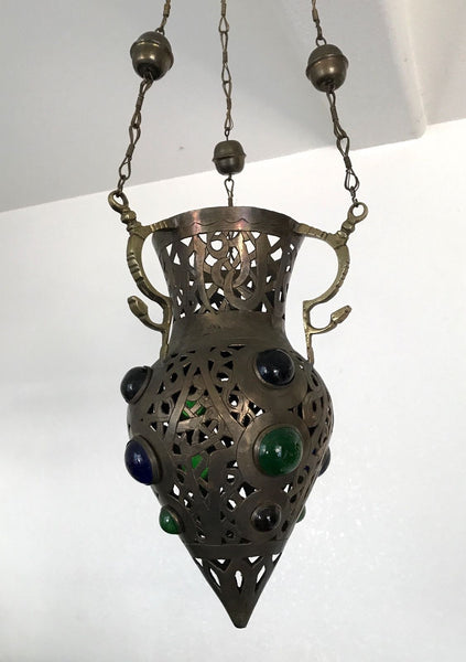 Vintage Moroccan Brass Hanging Pendant Lamp Perforated Metalwork - arustocracy