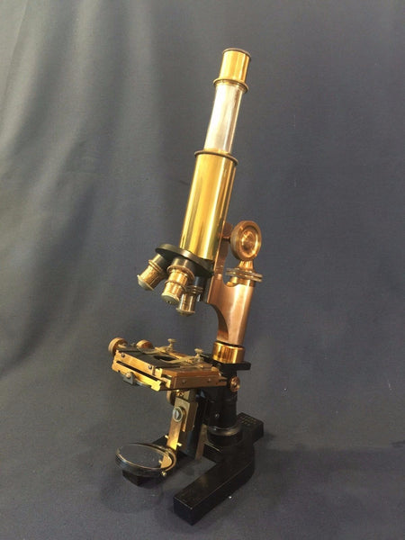 ROSS LONDON 8602 COMPOUND MICROSCOPE MAHOGANY CASE COPPER & BRASS FINISH C. 1900 - arustocracy