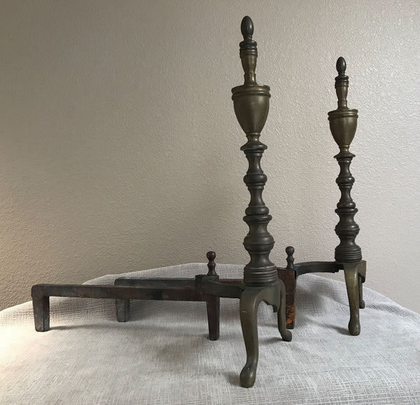 PAIR ANTIQUE SHEFFIELD BRASS EMPIRE FEDERAL STYLE FIREPLACE ANDIRONS C. 1900 - arustocracy