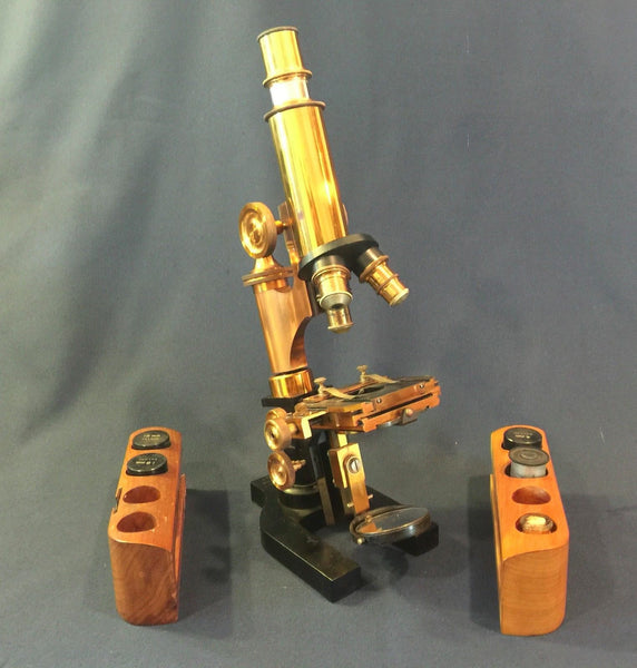 ROSS LONDON 8602 COMPOUND MICROSCOPE MAHOGANY CASE COPPER & BRASS FINISH C. 1900 - arustocracy