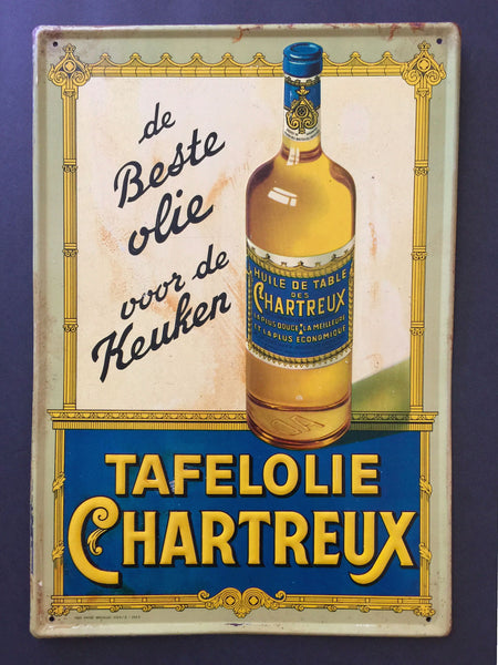 VINTAGE BELGIAN EMBOSSED METAL SIGN CHARTREUX TABLE OIL, GREAT GRAPHICS & COLORS - arustocracy