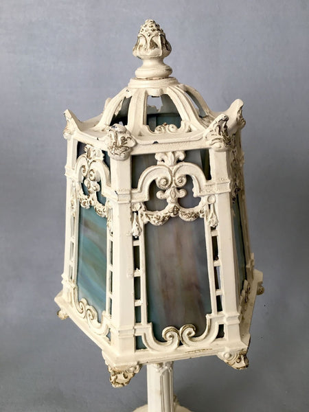ANTIQUE BOUDOIR ART NOUVEAU CAST METAL TABLE LAMPS SLAG GLASS SHADE ACORN FINIAL - arustocracy