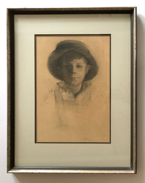 Signed 1914 Pencil Portrait Sketch Boy with Hat - arustocracy
