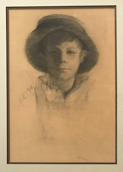 Signed 1914 Pencil Portrait Sketch Boy with Hat - arustocracy