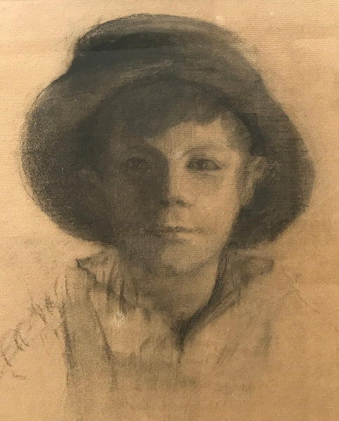 Signed 1914 Pencil Portrait Sketch Boy with Hat - arustocracy