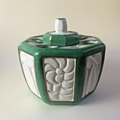 C. 1900 FRENCH FAIENCE ART NOUVEAU PORCELAIN INKWELL SIGNED ALADIN FRANCE