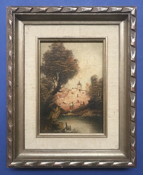 Vintage Impressionism Signed Miniature River Mission Oil Painting on Board