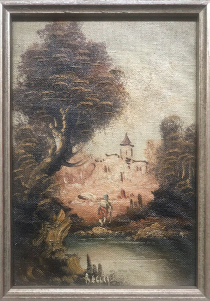 Vintage Impressionism Signed Miniature River Mission Oil Painting on Board
