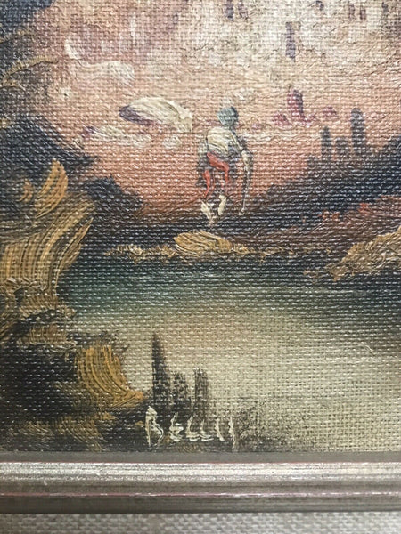 Vintage Impressionism Signed Miniature River Mission Oil Painting on Board