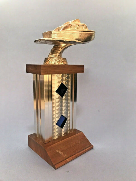 1960s Vintage Motor Boat Regatta Trophy Walnut And Aluminum Base NOS