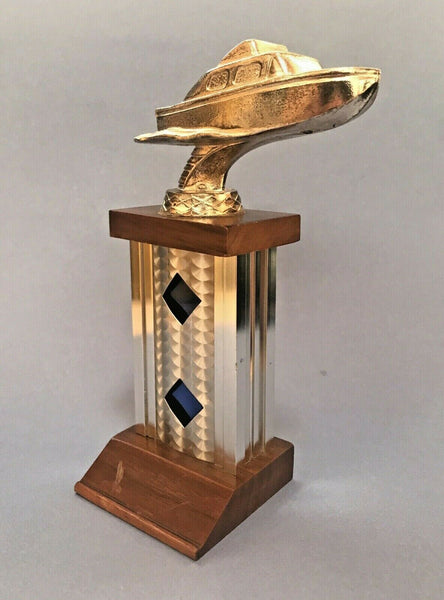 1960s Vintage Motor Boat Regatta Trophy Walnut And Aluminum Base NOS