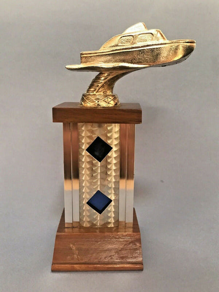 1960s Vintage Motor Boat Regatta Trophy Walnut And Aluminum Base NOS
