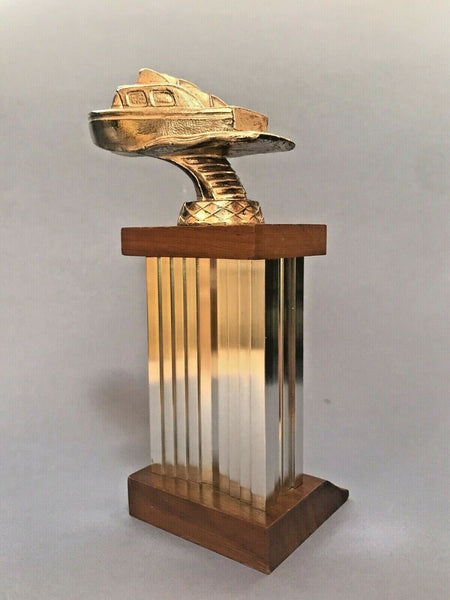 1960s Vintage Motor Boat Regatta Trophy Walnut And Aluminum Base NOS