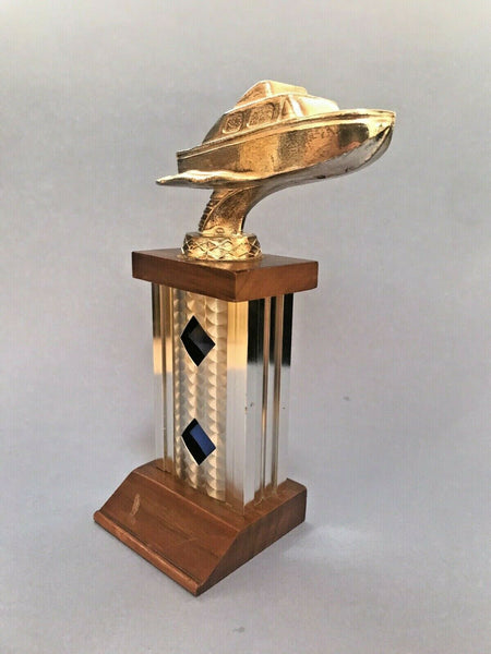 1960s Vintage Motor Boat Regatta Trophy Walnut And Aluminum Base NOS