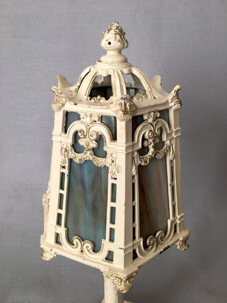 ANTIQUE BOUDOIR ART NOUVEAU CAST METAL TABLE LAMPS SLAG GLASS SHADE ACORN FINIAL - arustocracy