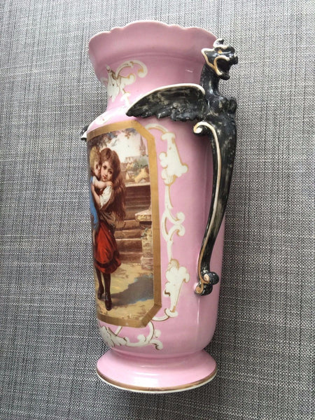 HAND PAINTED AUSTRIAN GOLD GILT PORCELAIN PORTRAIT VASE W/ DRAGON HANDLES 1900 - arustocracy