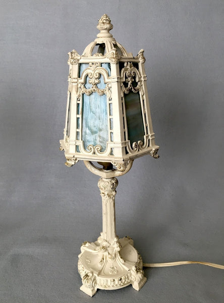 ANTIQUE BOUDOIR ART NOUVEAU CAST METAL TABLE LAMPS SLAG GLASS SHADE ACORN FINIAL - arustocracy