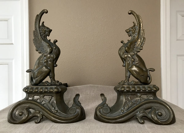 French Repoussé Brass Griffin Andirons Original C. 1890 - Chenets / Fire Dogs - arustocracy