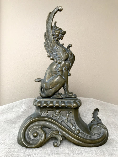 French Repoussé Brass Griffin Andirons Original C. 1890 - Chenets / Fire Dogs - arustocracy