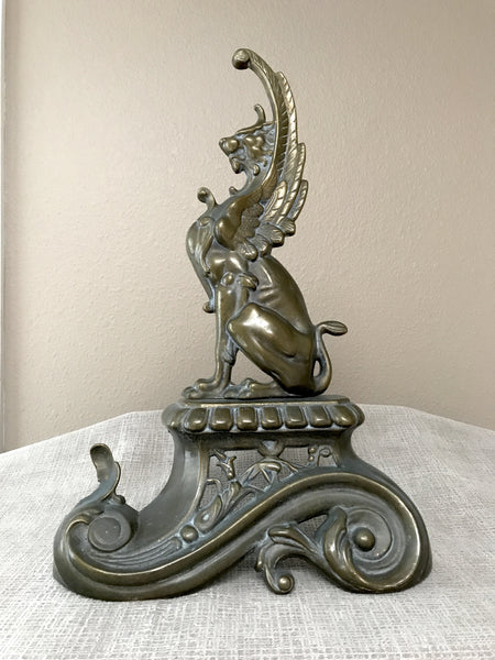 French Repoussé Brass Griffin Andirons Original C. 1890 - Chenets / Fire Dogs - arustocracy