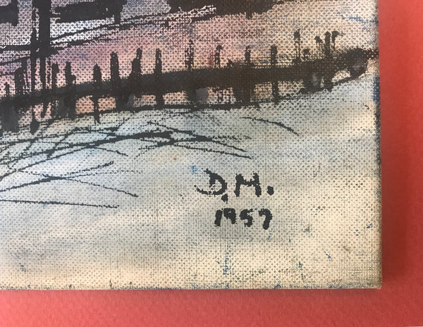 SIGNED ABSTRACT CITYSCAPE OIL PAINTING ON BOARD 1957 - arustocracy