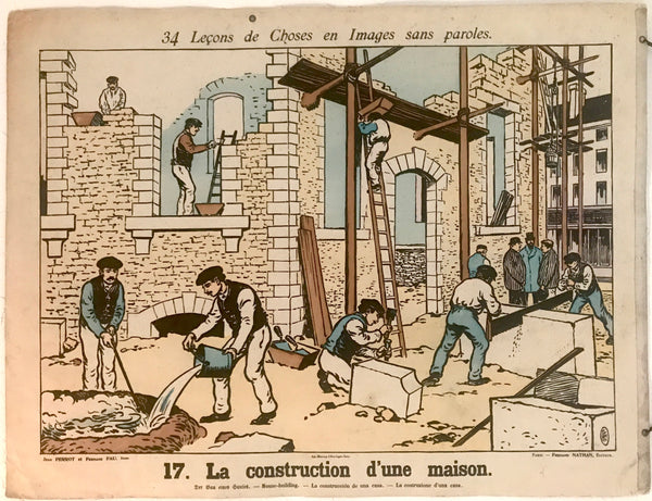 RARE C. 1900 FRENCH CLASSROOM EDUCATIONAL POSTER CONSTRUCTION OF A HOUSE & LIFE AT HOME - arustocracy