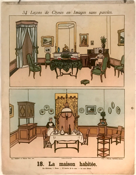 RARE C. 1900 FRENCH CLASSROOM EDUCATIONAL POSTER CONSTRUCTION OF A HOUSE & LIFE AT HOME - arustocracy