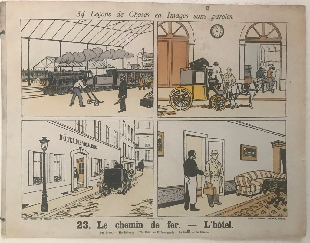 RARE C. 1900 FRENCH CLASSROOM EDUCATIONAL POSTER HOTEL STEAM TRAIN LOCOMOTIVE, CARRIAGE, BUGGY & BLACKSMITH SHOP - arustocracy