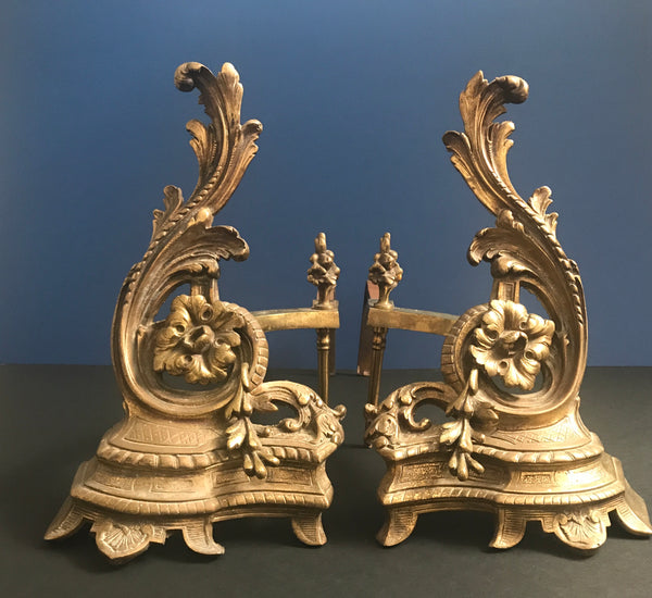 ANTIQUE FRENCH ROCOCO GILT BRONZE CHENETS (ANDIRONS) - arustocracy