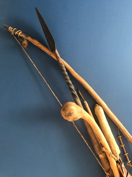 LATE 19TH CENTURY AFRICAN MAASAI HERDER'S GROUP WITH SWORD, BOW, ARROW, SPEAR, CLUB, GOURD - arustocracy